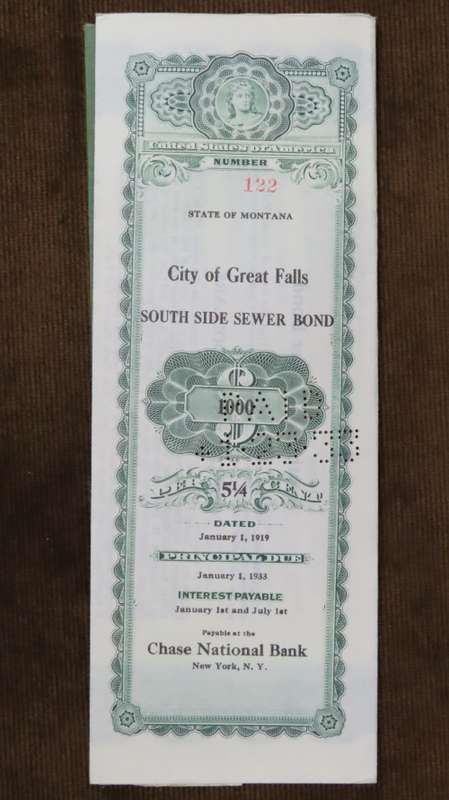 1919 City of Great Falls - South Side Sewer Bond, $1000 Bond, 122