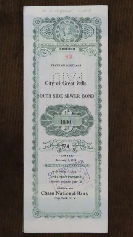 1919 City of Great Falls - South Side Sewer Bond, $1000 Bond, 83