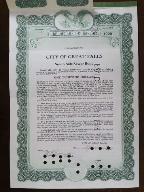 1919 City of Great Falls - South Side Sewer Bond, $1000 Bond, 83