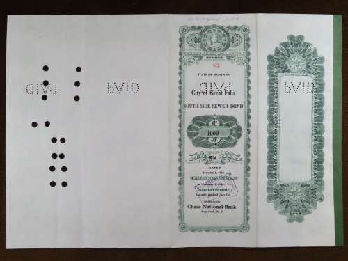 1919 City of Great Falls - South Side Sewer Bond, $1000 Bond, 83