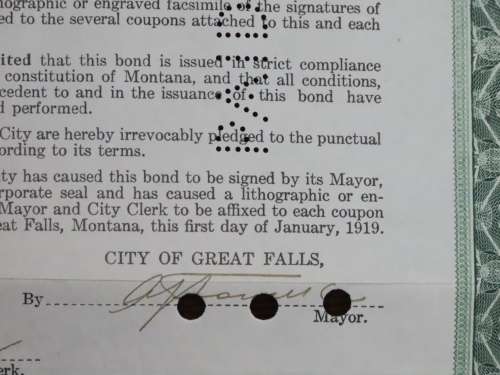 1919 City of Great Falls - South Side Sewer Bond, $1000 Bond, 83