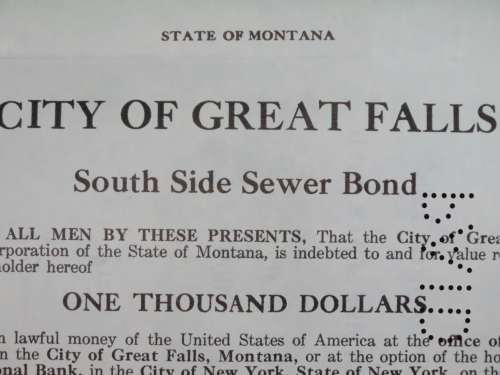 1919 City of Great Falls - South Side Sewer Bond, $1000 Bond, 83