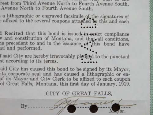 1919 City of Great Falls - South Side Sewer Bond, $1000 Bond, 84