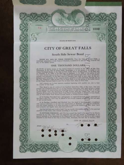 1919 City of Great Falls - South Side Sewer Bond, $1000 Bond, 84