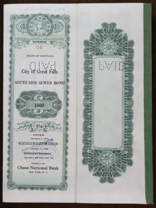 1919 City of Great Falls - South Side Sewer Bond, $1000 Bond, 84