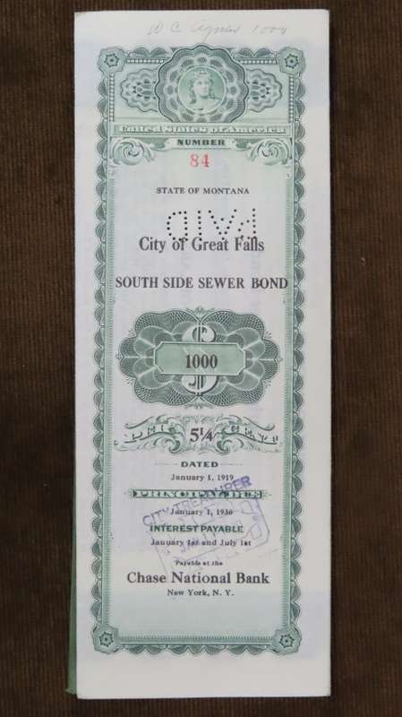 1919 City of Great Falls - South Side Sewer Bond, $1000 Bond, 84