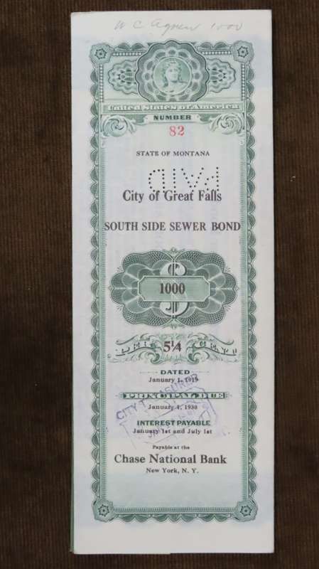 1919 City of Great Falls - South Side Sewer Bond, $1000 Bond, 82