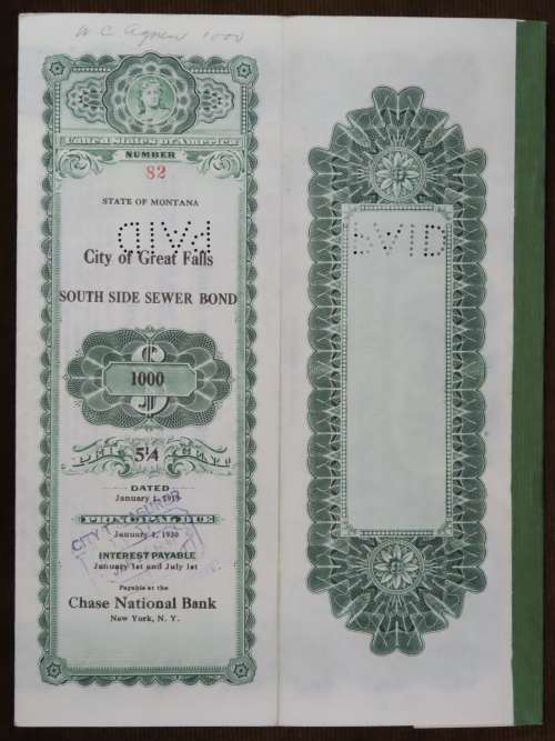 1919 City of Great Falls - South Side Sewer Bond, $1000 Bond, 82