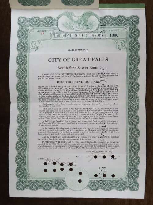 1919 City of Great Falls - South Side Sewer Bond, $1000 Bond, 82