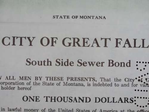 1919 City of Great Falls - South Side Sewer Bond, $1000 Bond, 82
