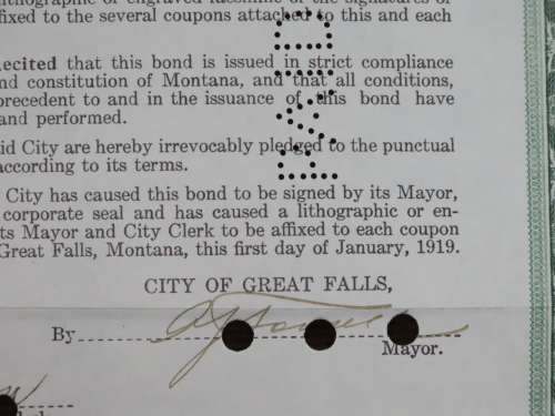 1919 City of Great Falls - South Side Sewer Bond, $1000 Bond, 82