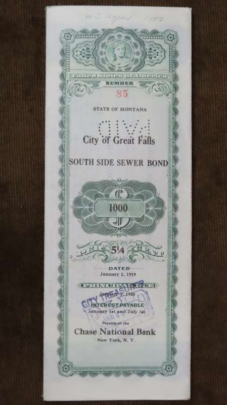 1919 City of Great Falls - South Side Sewer Bond, $1000 Bond, 85