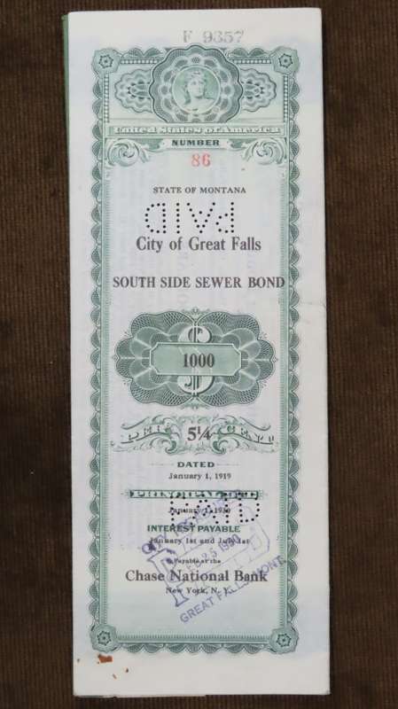 1919 City of Great Falls - South Side Sewer Bond, $1000 Bond, 86