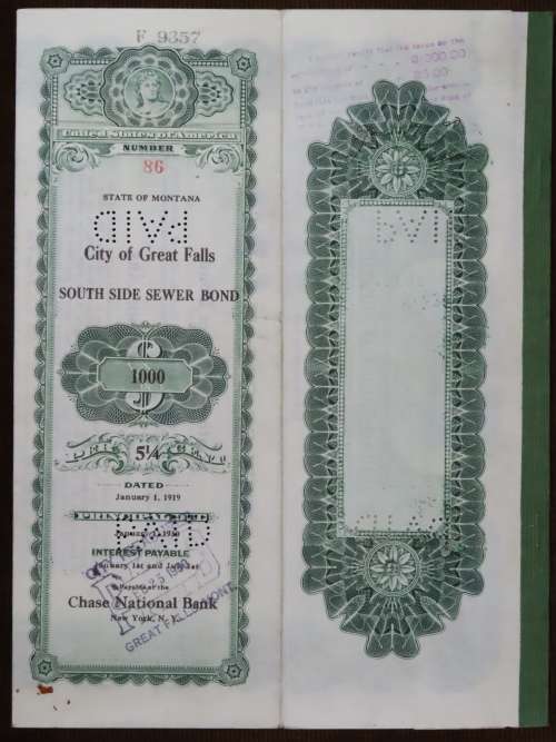 1919 City of Great Falls - South Side Sewer Bond, $1000 Bond, 86