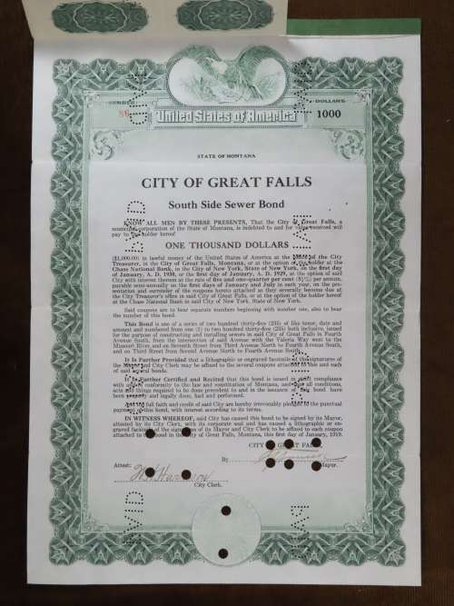 1919 City of Great Falls - South Side Sewer Bond, $1000 Bond, 86