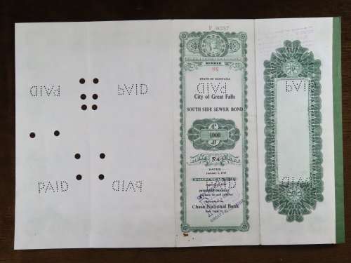 1919 City of Great Falls - South Side Sewer Bond, $1000 Bond, 86
