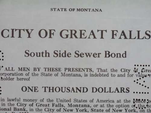 1919 City of Great Falls - South Side Sewer Bond, $1000 Bond, 86