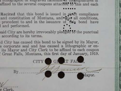 1919 City of Great Falls - South Side Sewer Bond, $1000 Bond, 86