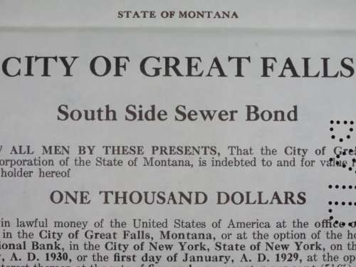 1919 City of Great Falls - South Side Sewer Bond, $1000 Bond, 88