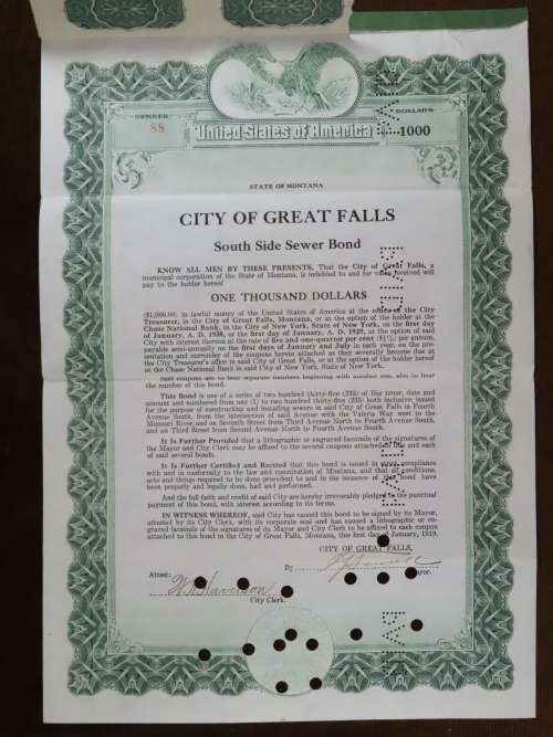 1919 City of Great Falls - South Side Sewer Bond, $1000 Bond, 88