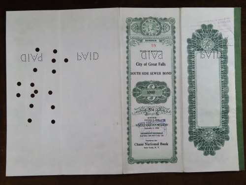 1919 City of Great Falls - South Side Sewer Bond, $1000 Bond, 88