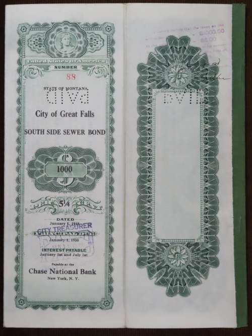 1919 City of Great Falls - South Side Sewer Bond, $1000 Bond, 88