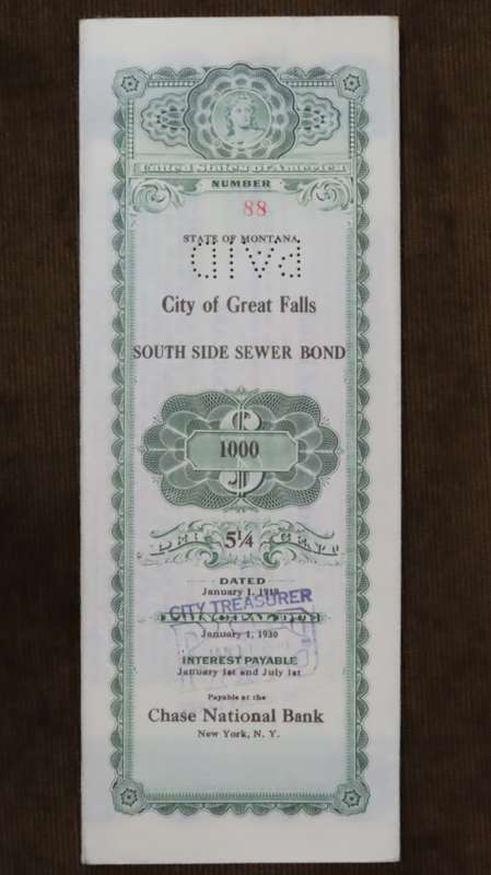 1919 City of Great Falls - South Side Sewer Bond, $1000 Bond, 88