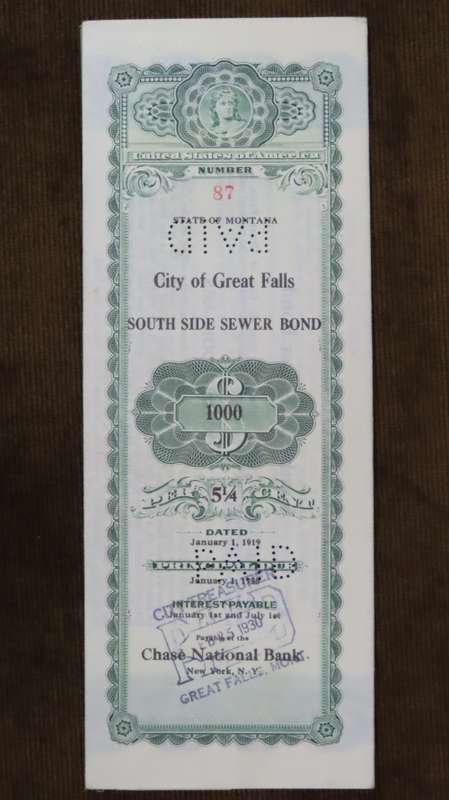 1919 City of Great Falls - South Side Sewer Bond, $1000 Bond, 87