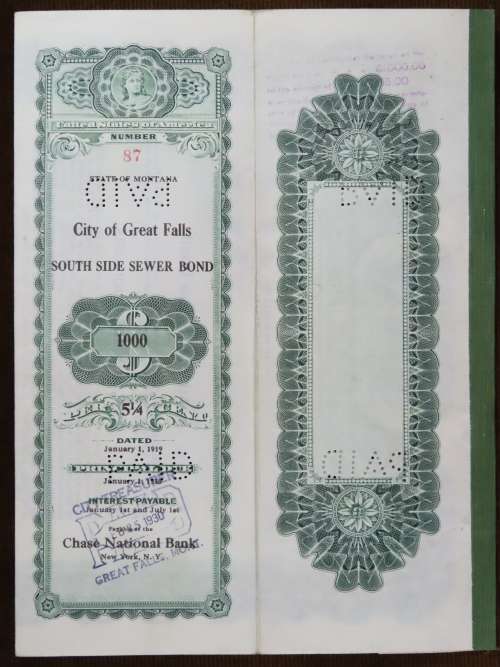 1919 City of Great Falls - South Side Sewer Bond, $1000 Bond, 87