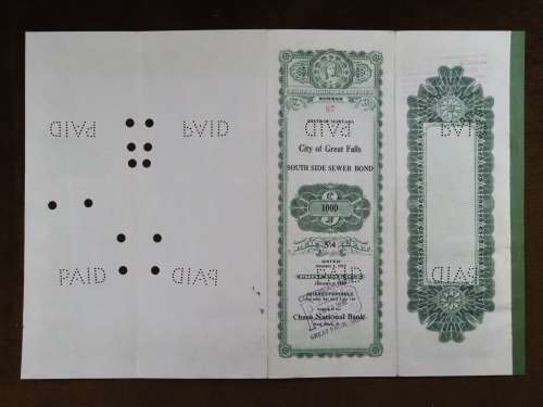 1919 City of Great Falls - South Side Sewer Bond, $1000 Bond, 87