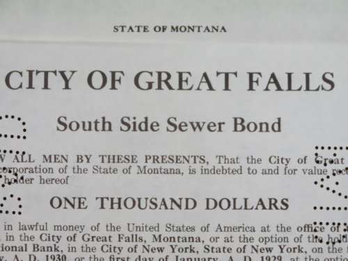 1919 City of Great Falls - South Side Sewer Bond, $1000 Bond, 87