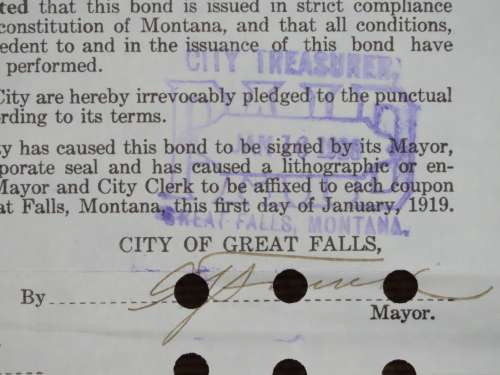 1919 City of Great Falls - South Side Sewer Bond, $1000 Bond, 54