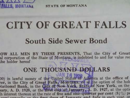 1919 City of Great Falls - South Side Sewer Bond, $1000 Bond, 54