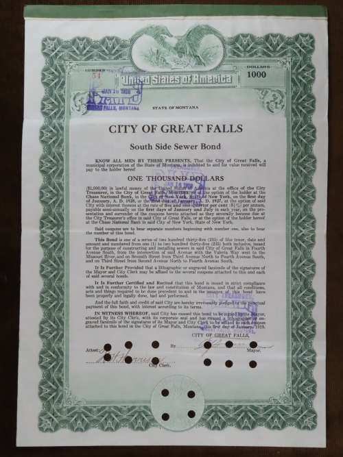 1919 City of Great Falls - South Side Sewer Bond, $1000 Bond, 54