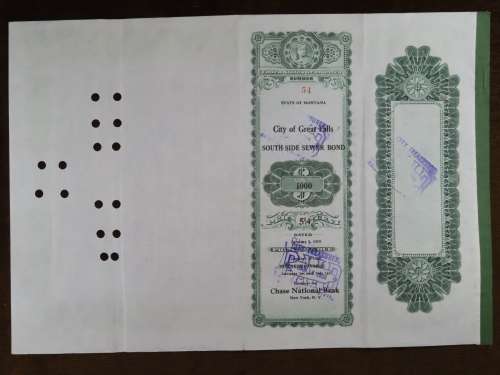 1919 City of Great Falls - South Side Sewer Bond, $1000 Bond, 54