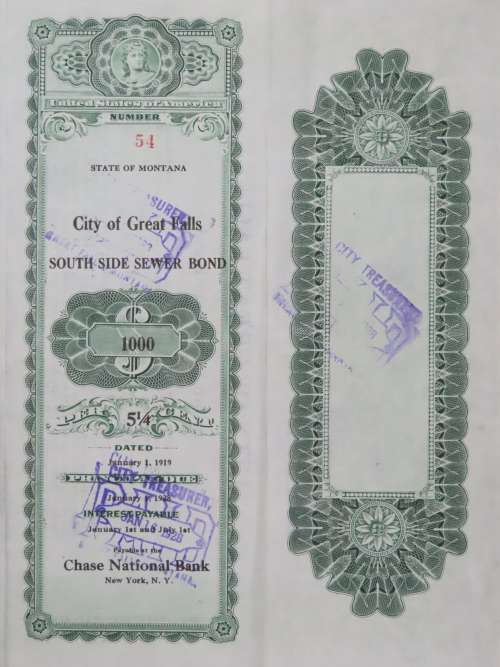 1919 City of Great Falls - South Side Sewer Bond, $1000 Bond, 54