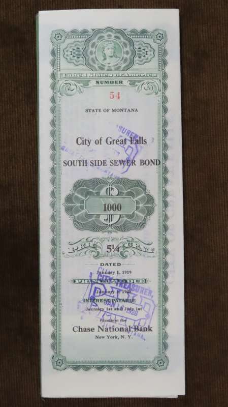 1919 City of Great Falls - South Side Sewer Bond, $1000 Bond, 54
