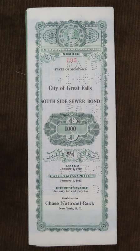 1919 City of Great Falls - South Side Sewer Bond, $1000 Bond, 195