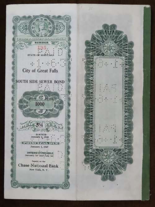 1919 City of Great Falls - South Side Sewer Bond, $1000 Bond, 195