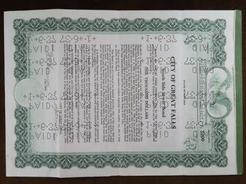 1919 City of Great Falls - South Side Sewer Bond, $1000 Bond, 195