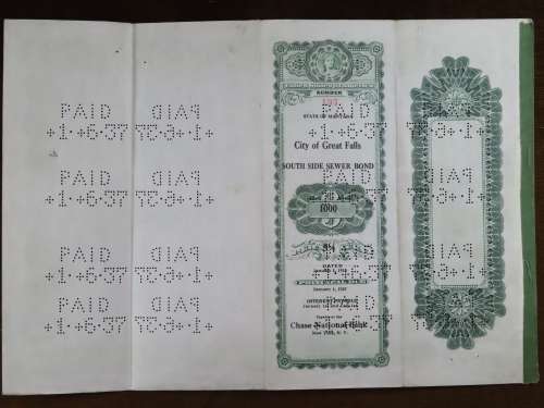 1919 City of Great Falls - South Side Sewer Bond, $1000 Bond, 195