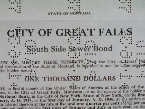 1919 City of Great Falls - South Side Sewer Bond, $1000 Bond, 195