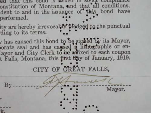 1919 City of Great Falls - South Side Sewer Bond, $1000 Bond, 130