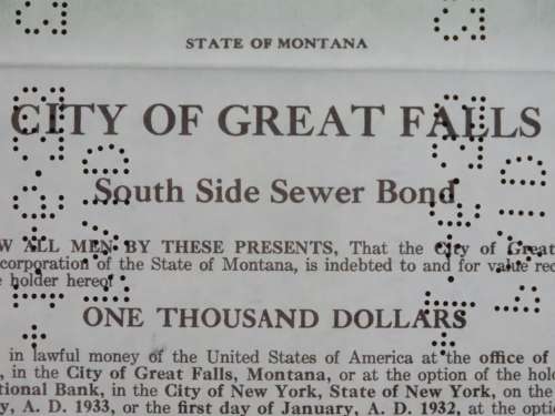 1919 City of Great Falls - South Side Sewer Bond, $1000 Bond, 130