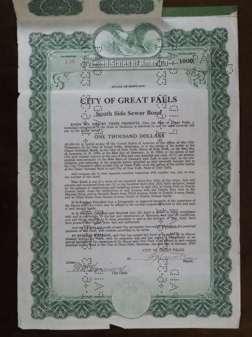 1919 City of Great Falls - South Side Sewer Bond, $1000 Bond, 130