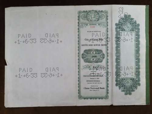 1919 City of Great Falls - South Side Sewer Bond, $1000 Bond, 130