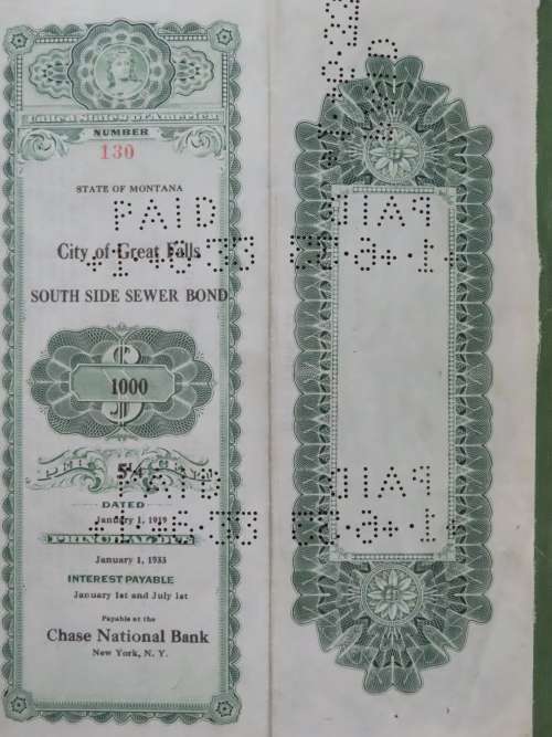 1919 City of Great Falls - South Side Sewer Bond, $1000 Bond, 130