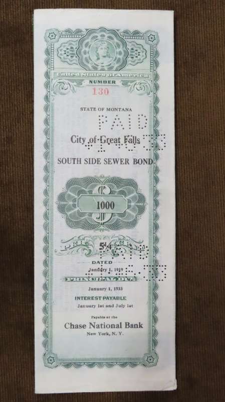 1919 City of Great Falls - South Side Sewer Bond, $1000 Bond, 130