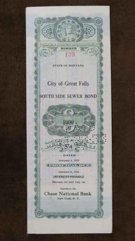 1919 City of Great Falls - South Side Sewer Bond, $1000 Bond, 129