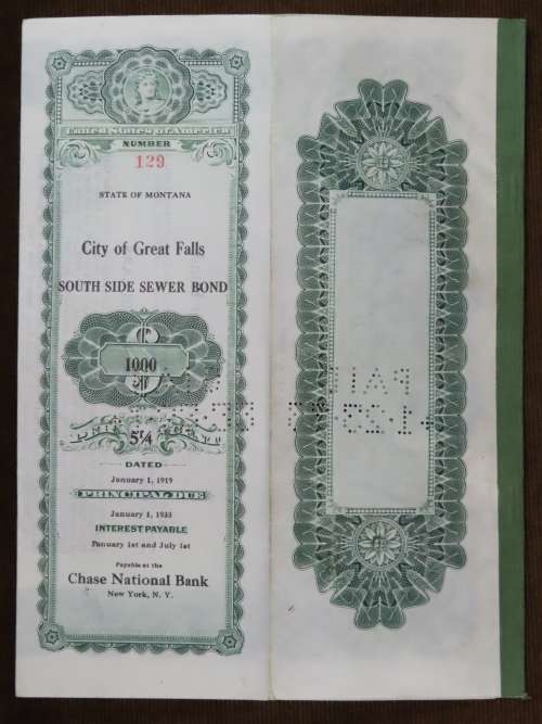 1919 City of Great Falls - South Side Sewer Bond, $1000 Bond, 129